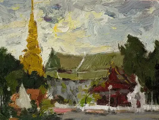 《落日下的房子》 18×24cm · 纸板油画 · 2019